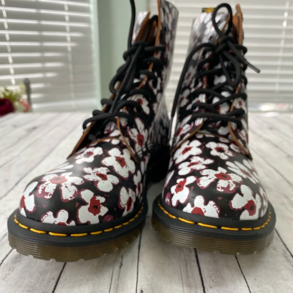 Dr. Martens Black Floral Patent Lace-Up Ankle Boots